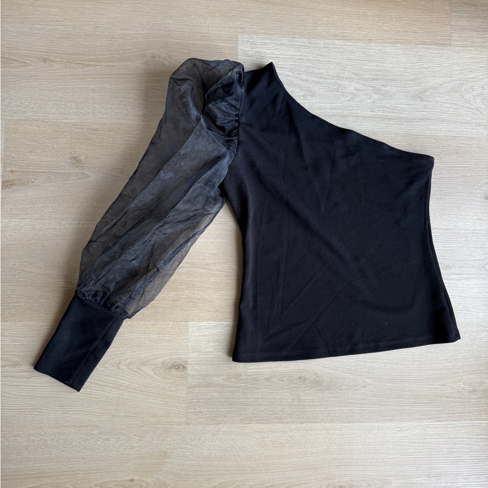 One-Shoulder Black Top with Sheer Sleeve